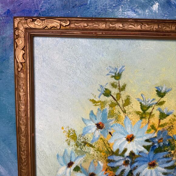 Impressionist Flower Painting By M Cusack Blue Daisies Impasto Vintage Framed - Picture 6 of 12